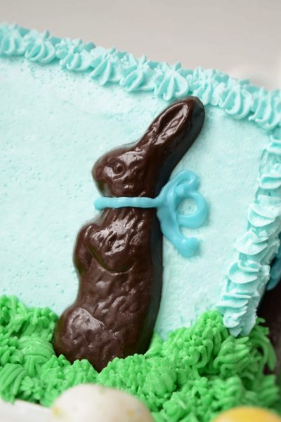 choclate Easter bunny on blue cake