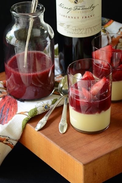 This Elegant Cabernet Strawberry Rhubarb Pudding makes great use of the season's bounty and elevates pudding beyond a children's dessert. | vintagekitty.com