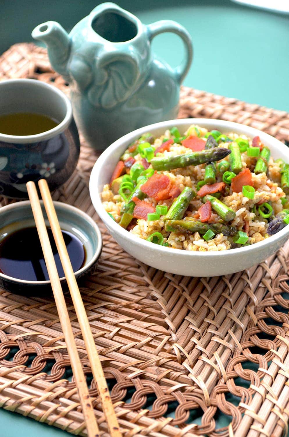 Breakfast Fried Rice Vertical Web - Breakfast Fried Rice with Bacon, Eggs and Asparagus