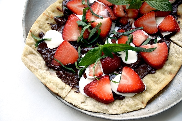 Chocolate Strawberry Mint Pizza Closeup Web - Chocolate Strawberry Mint Dessert Pizza