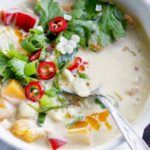 This creamy and satisfying Thai Pumpkin Corn Soup combines a bounty of fresh veggies and can accommodate omnivore, vegetarian and vegan diets. | vintagekitty.com