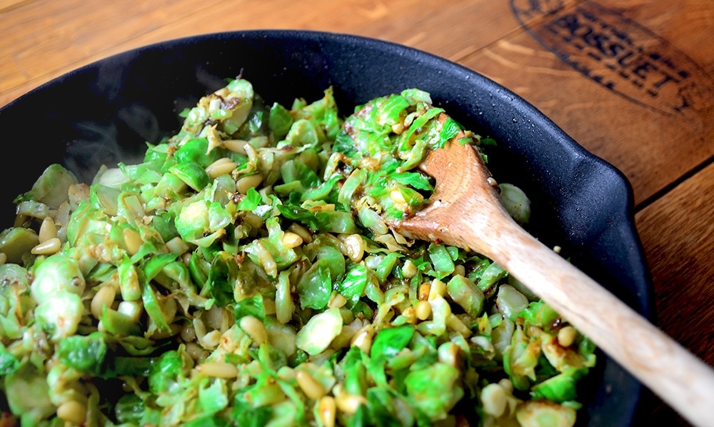 Cast Iron Skillet of Brussels Sprouts Web - Easy Brussels Sprouts with Pinenuts and Parmesan
