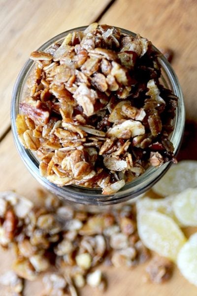 top down view of granola in a jar