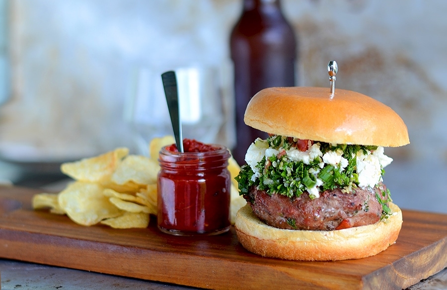 Burger Horizontal Web - Tabouleh Turkey Burgers with Feta and Harissa