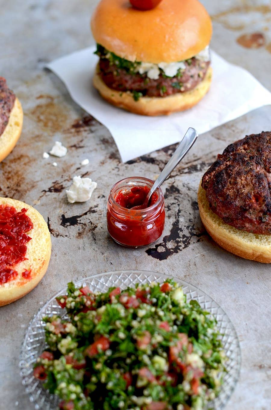 Harissa Web - Tabouleh Turkey Burgers with Feta and Harissa