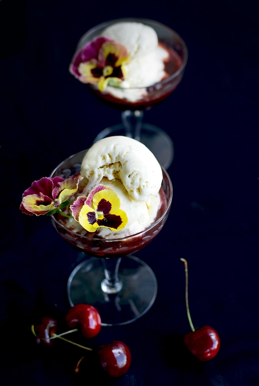 Ice cream sundae vertical Web - Grilled Cherries in Spiced Butter Rum Sauce