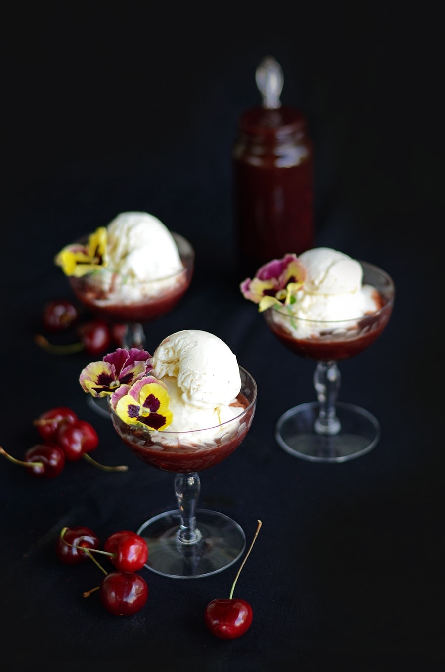 Trio of Grilled Cherry Sundaes Web - Grilled Cherries in Spiced Butter Rum Sauce