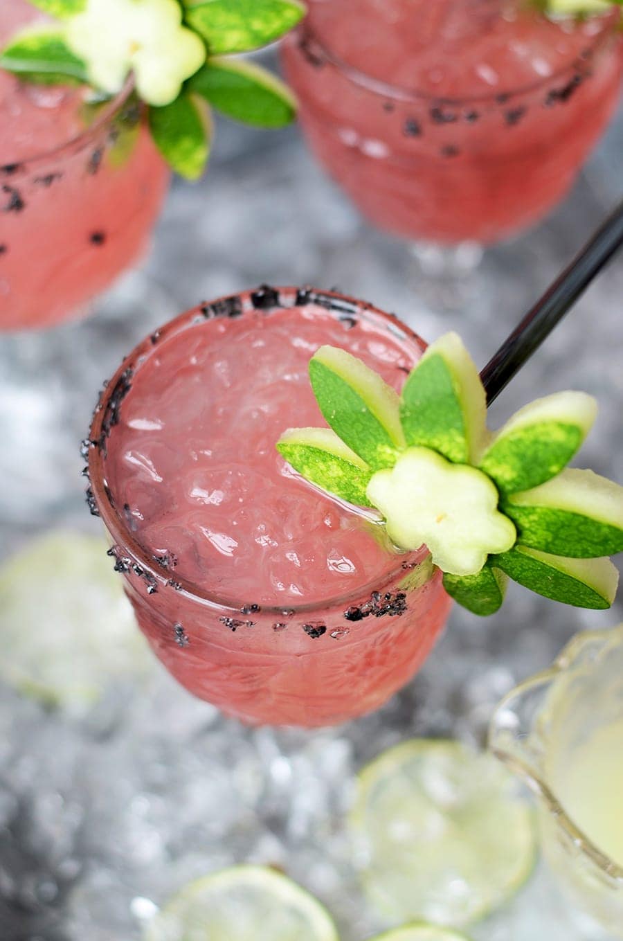 Top Down Watermelon Margarita Web 2 - Watermelon Margaritas with Watermelon Rind Garnish