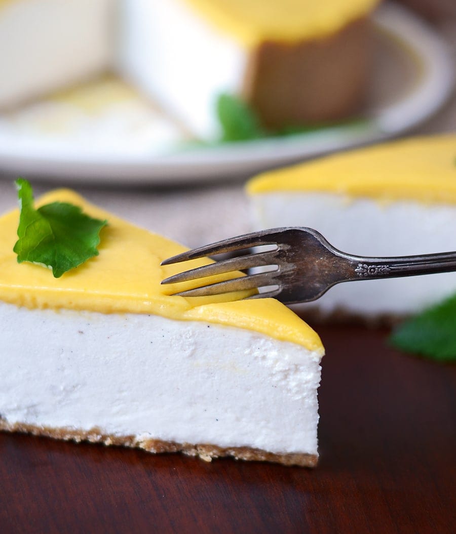 Taking a bite of cheesecake Web - Mango Lassi No Bake Cheesecake