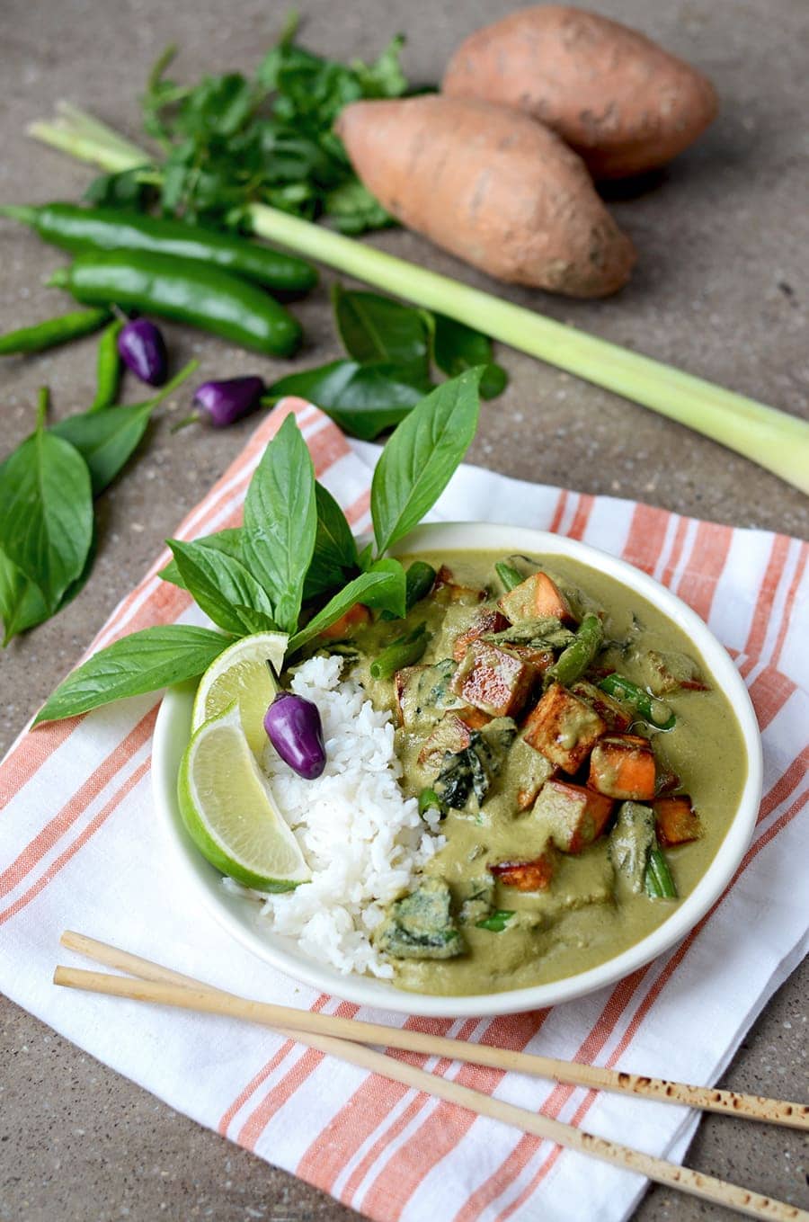 Thai Curry Web - Vegan Thai Green Curry from scratch </br> with Sweet Potatoes, Tofu, and Green Beans