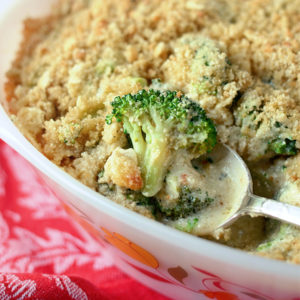 Closeup 2 of Broccoli Casserole Web 300x300 - Broccoli Cheese Casserole </br>with Crunchy Quinoa Topping