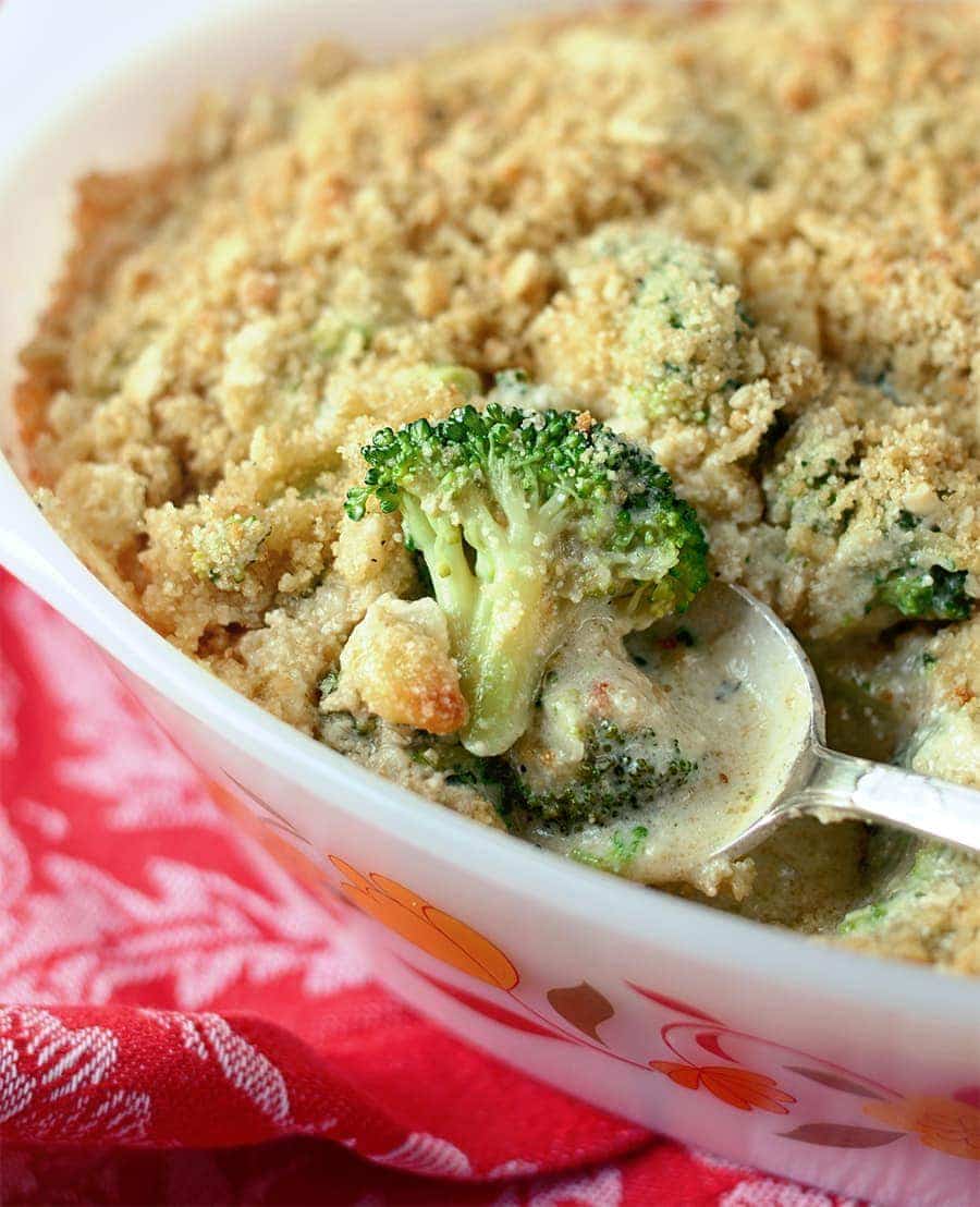 Closeup 2 of Broccoli Casserole Web - Broccoli Cheese Casserole </br>with Crunchy Quinoa Topping