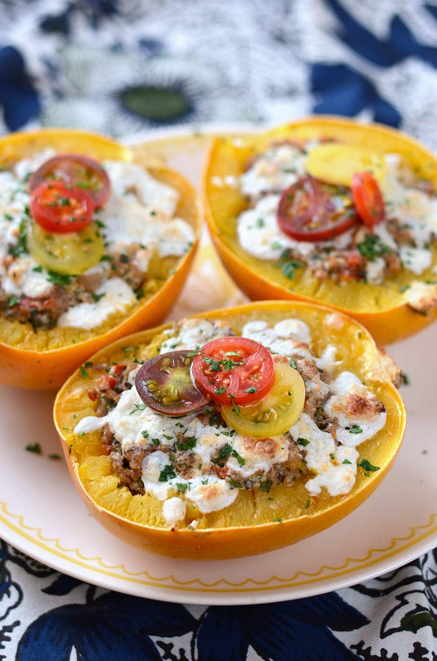 Spaghetti Squash Boats Trio Web - Stuffed Spaghetti Squash Boats with Italian Sausage, Tomatoes, Herbs and Mozzarella