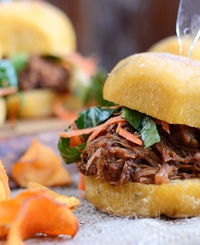 Slow Cooker Pork Barbecue Sliders are smoky and sweet with a barbecue sauce made from the pork drippings and topped with a fresh bok choy carrot slaw. | vintagekitty.com