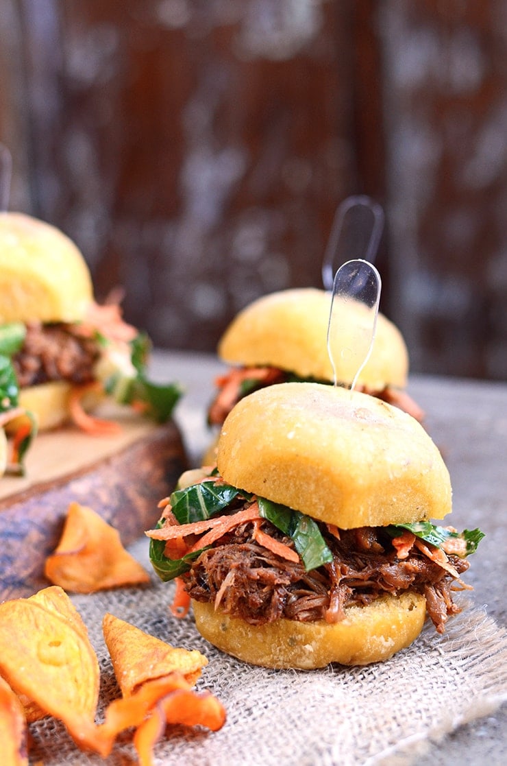Pork Sliders on Burlap Web - Slow Cooker Pork Barbecue Sliders with Homemade Bok Choy and Carrot Slaw