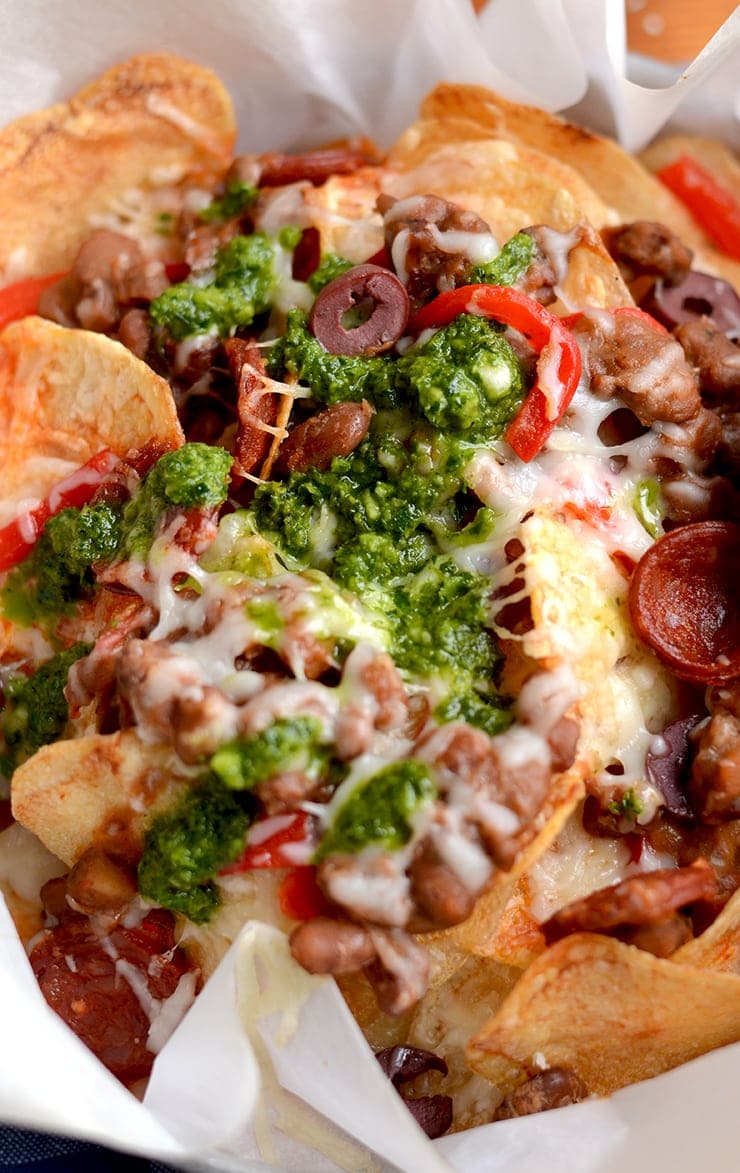 Nachos Closeup Web - Spanish Potato Nachos with Chimichurri