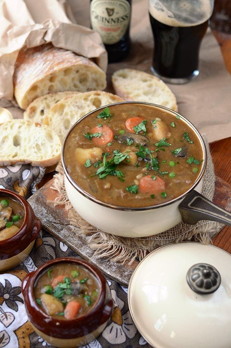 Pot of Vegan Barley Guinness Stew Web - Vegan Guinness Barley Stew