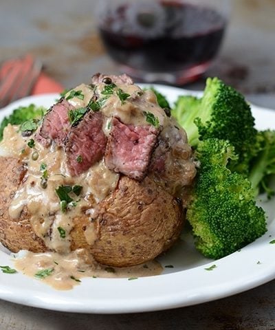 In our Steak au Poivre Baked Potatoes recipe, potatoes make an excellent base for pan seared pepper steak in a rich pepper cream sauce.