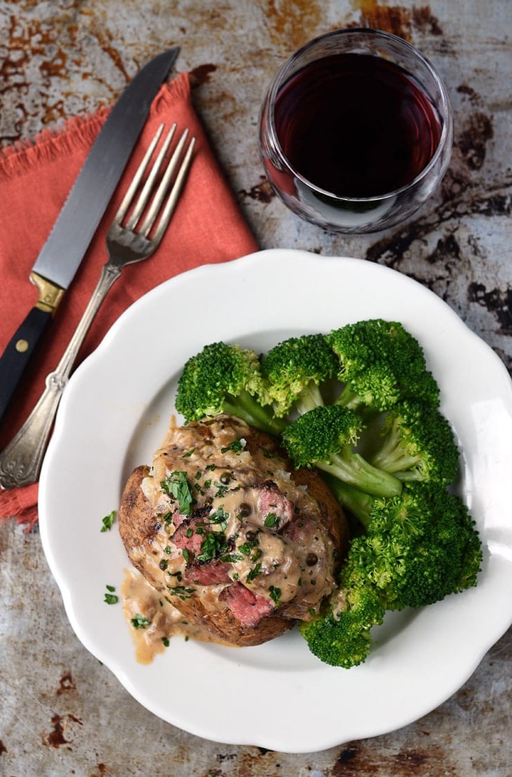 Steak au Poivre Baked Potatoes Top Down - Easy Steak au Poivre Baked Potatoes