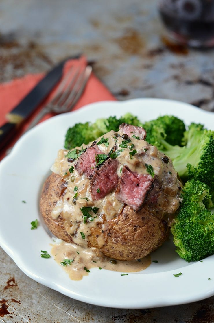 Vertical Steak au Poivre Baked Potatoes - Easy Steak au Poivre Baked Potatoes