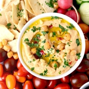 Closeup of Harissa Hummus Web 300x300 - Zesty Harissa Hummus Recipe + Platter Ideas