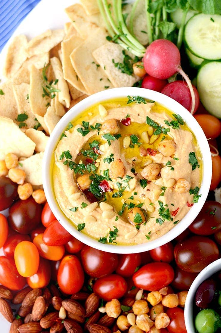 Closeup of Harissa Hummus Web - Zesty Harissa Hummus Recipe + Platter Ideas