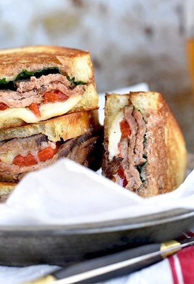 Steak Sandwiches 4180 Slider 400x584 - London Broil Steak Sandwich with Roasted Peppers, Spinach and Cheese
