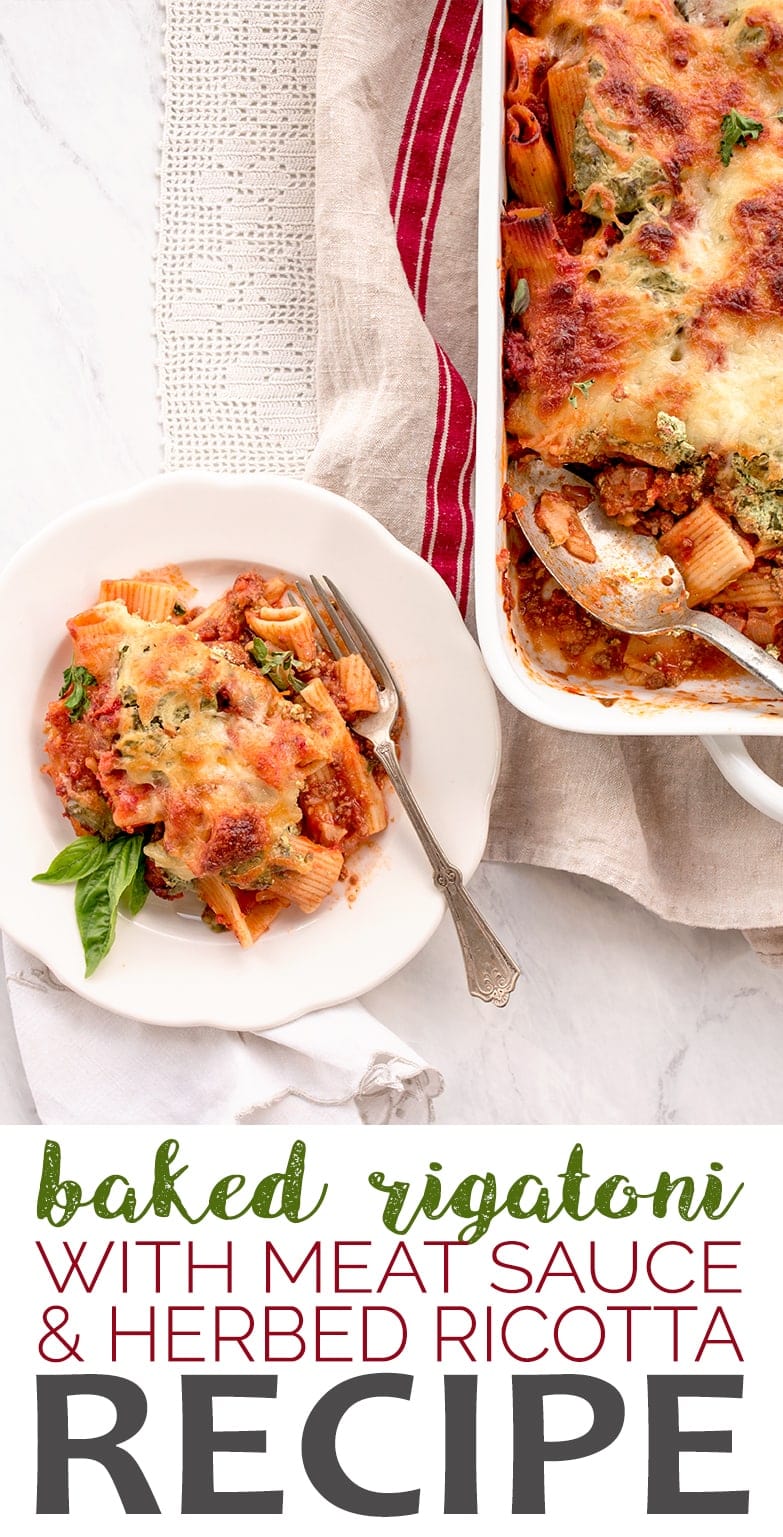 Baked Rigatoni with Herbed Ricotta - Baked Rigatoni with Ricotta, Herbs and Meat Sauce #myvintagerecipe