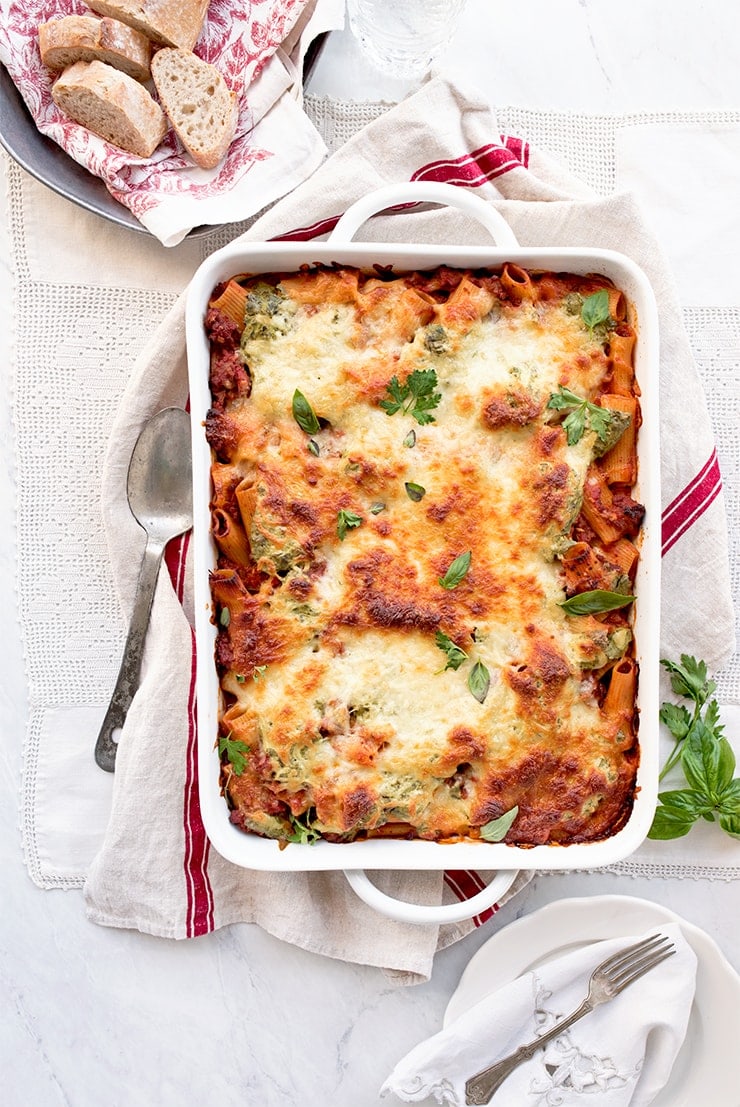 Rigatoni Bake 5253 Web - Baked Rigatoni with Ricotta, Herbs and Meat Sauce #myvintagerecipe