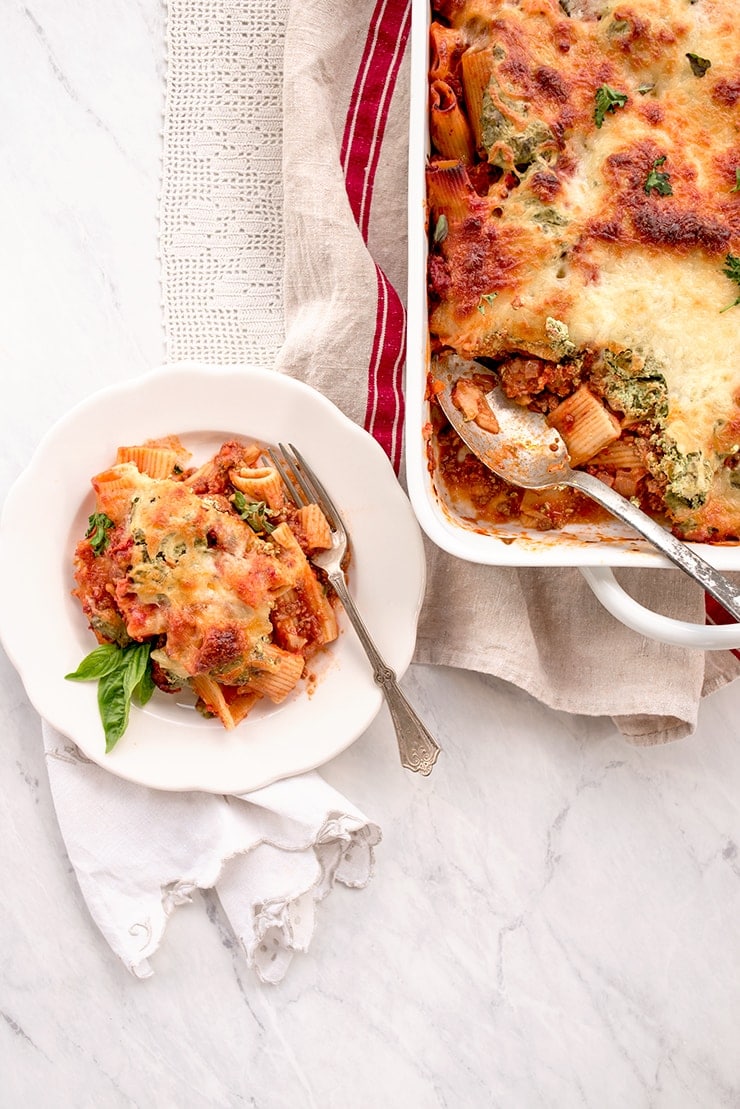 Rigatoni Bake 5273 Web - Baked Rigatoni with Ricotta, Herbs and Meat Sauce #myvintagerecipe