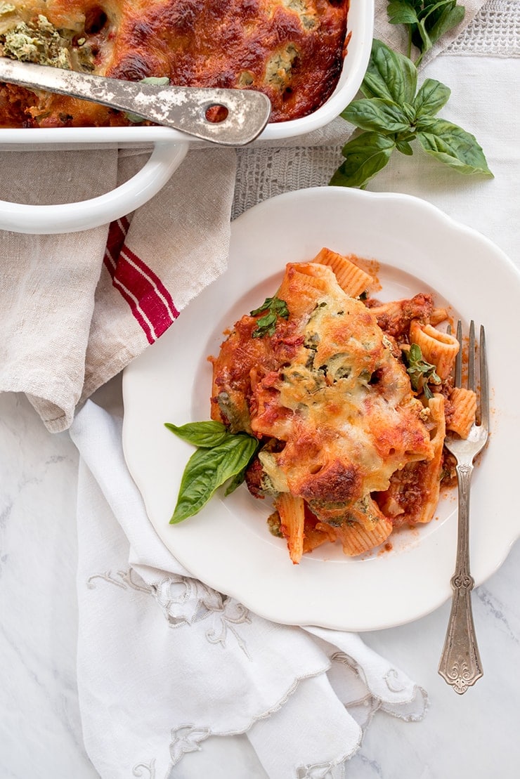 Rigatoni Bake 5306 Web - Baked Rigatoni with Ricotta, Herbs and Meat Sauce #myvintagerecipe