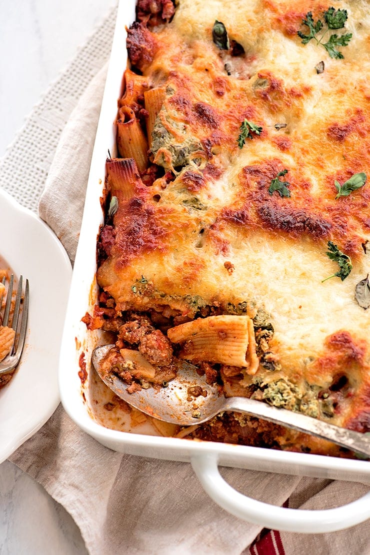 Rigatoni Bake 5332 Web - Baked Rigatoni with Ricotta, Herbs and Meat Sauce #myvintagerecipe