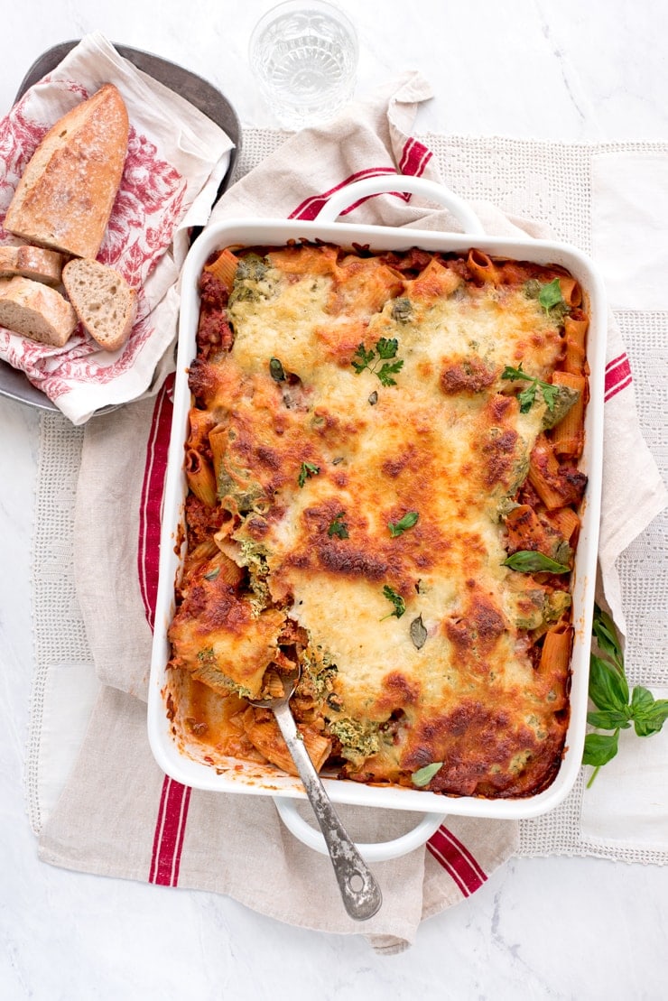 Rigatoni Bake 5345 Web 2 - Baked Rigatoni with Ricotta, Herbs and Meat Sauce #myvintagerecipe