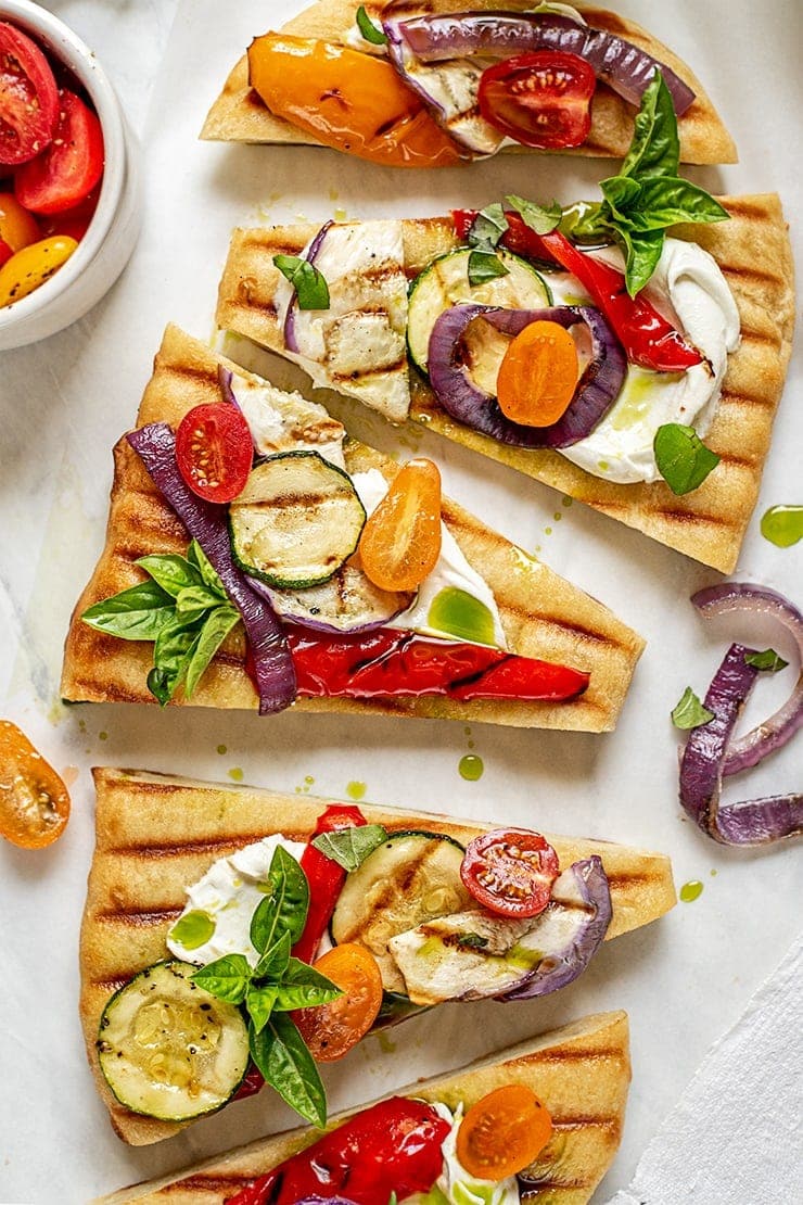 Grilled Ratatouille Flatbread Pizza with Whipped Goat Cheese