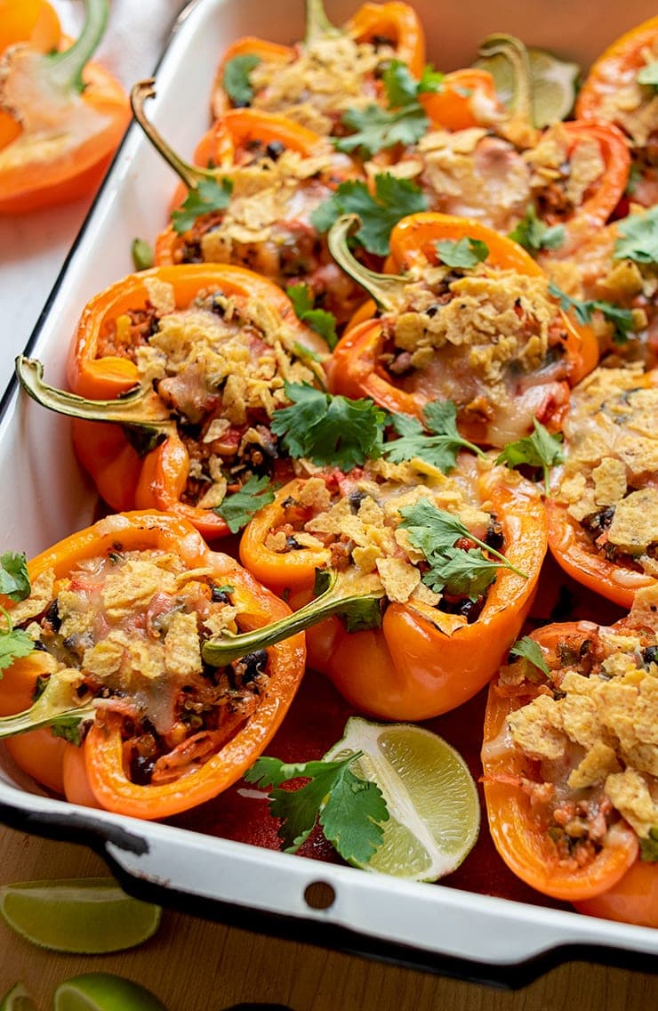 Mexican Stuffed Peppers 0264 Web - Barbecue Lentil Casserole with Cheddar Cornmeal Biscuit Topping