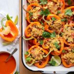 enamel pan filled with mexican stuffed peppers