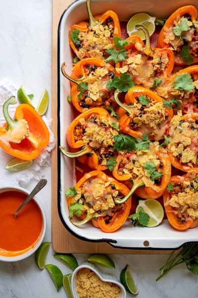enamel pan filled with mexican stuffed peppers