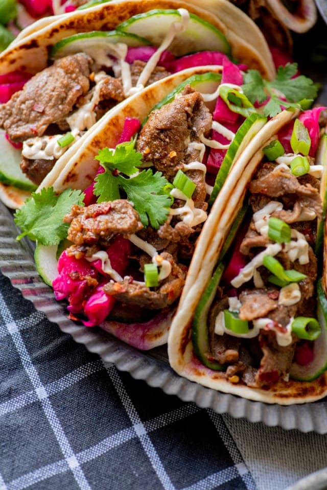 Bulgogi Tacos with Cashew Crema and Pickled Cabbage | Vintage Kitty