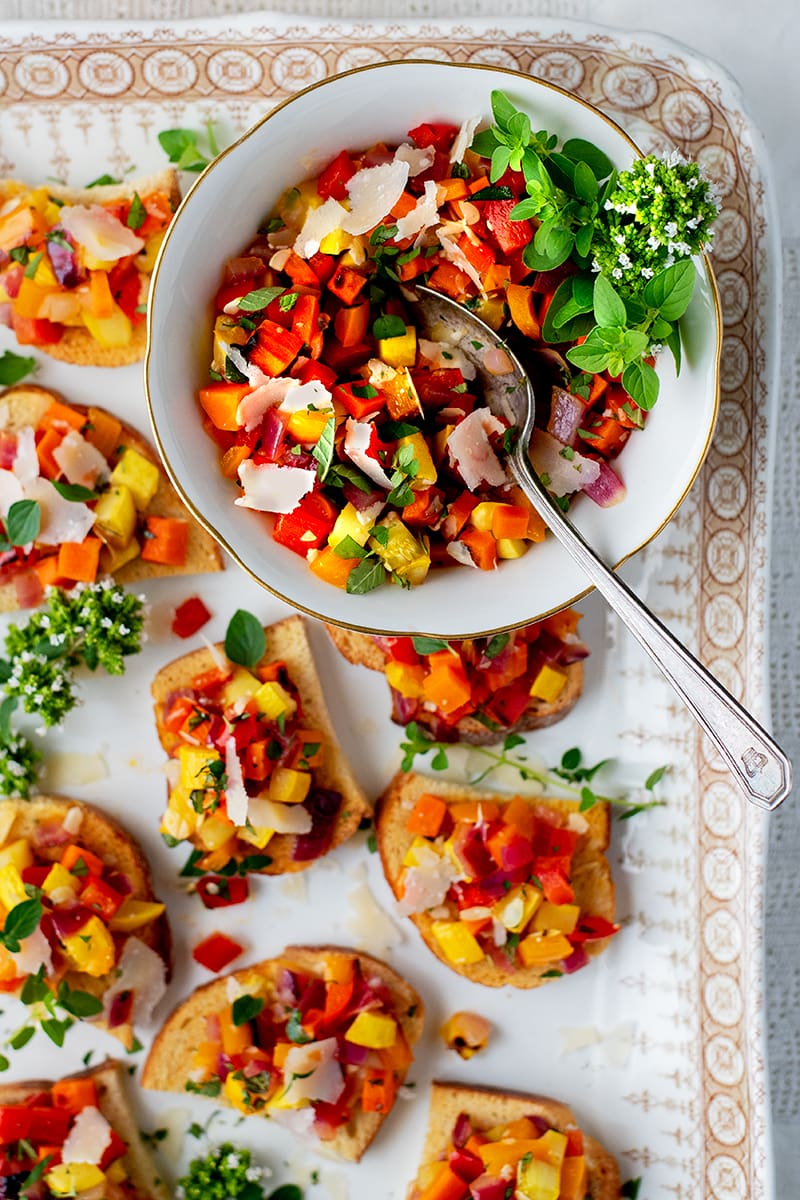 Veggie Bruschetta 7835 cropped 800px - Vegetable Bruschetta with Peppers, Squash and Carrots