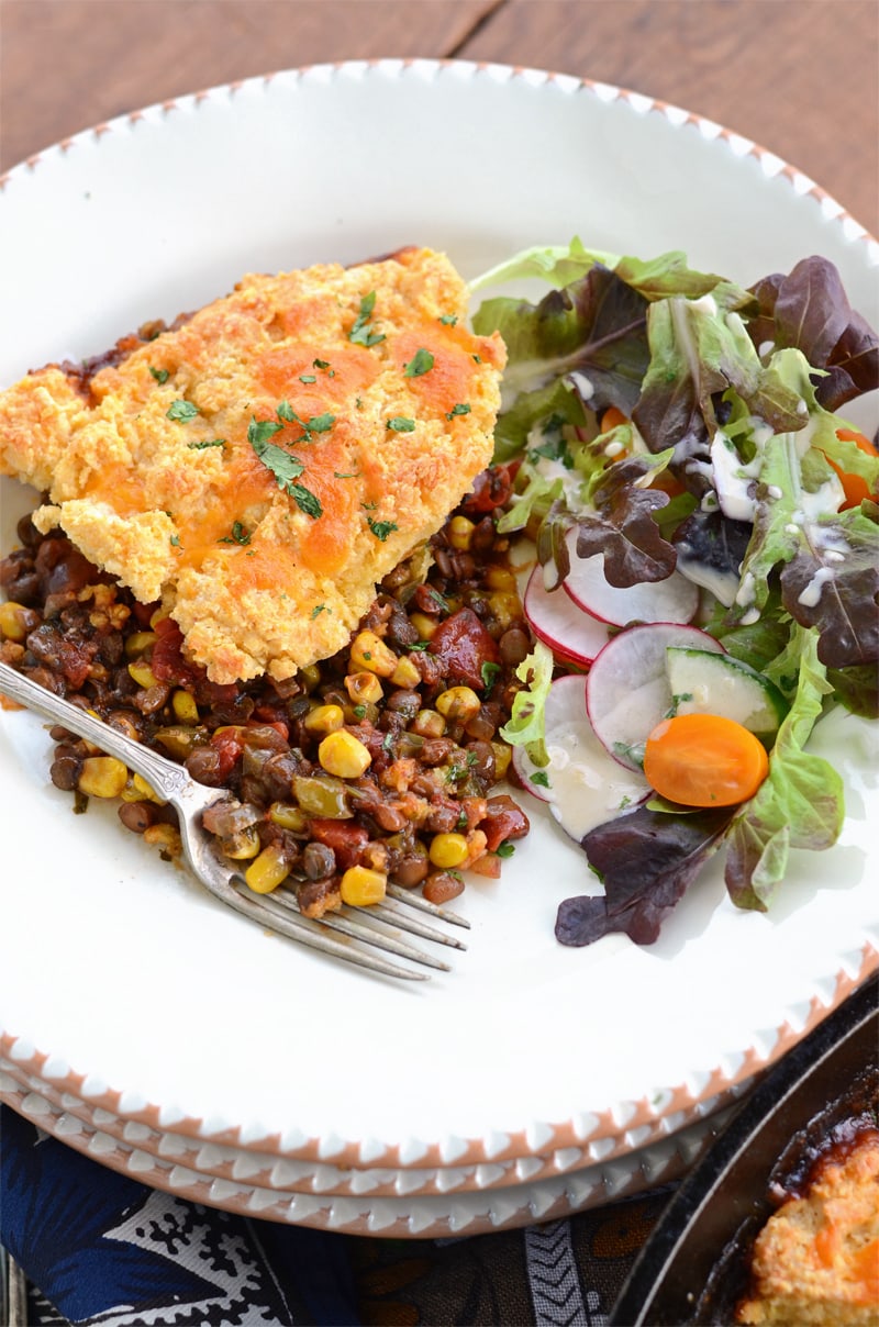 Plate of BBQ Lentil Bake 800px - Barbecue Lentil Casserole with Cheddar Cornmeal Biscuit Topping